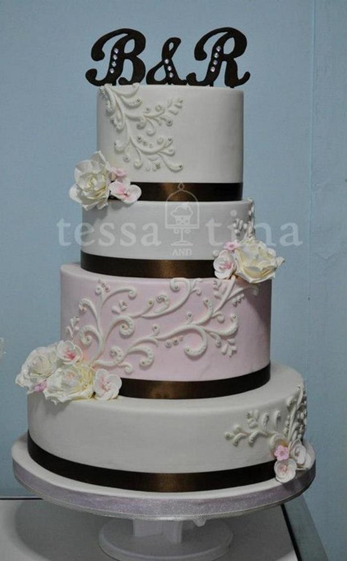Pink and brown wedding cake