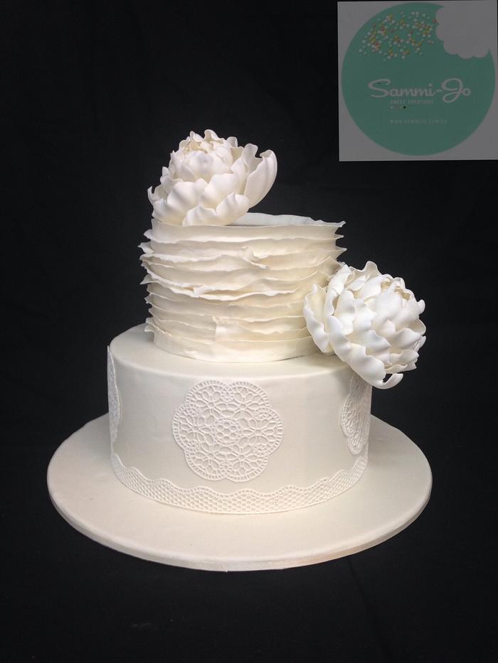 Lace, ruffles and peonies cake