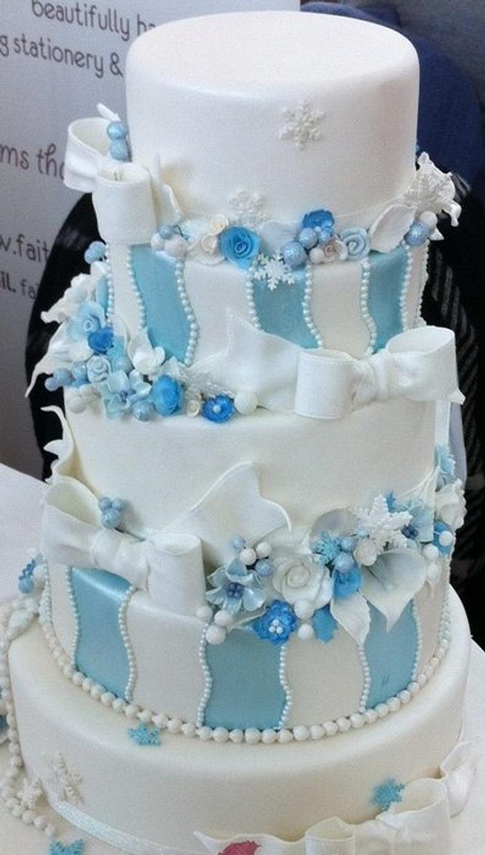 Winter wonderland themed wonky wedding cake