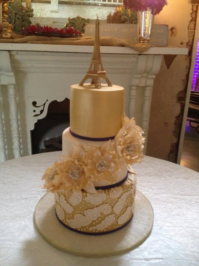 Gold Paris Themed Wedding Cake