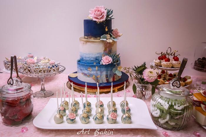 Watercolour wedding cake + candy bar