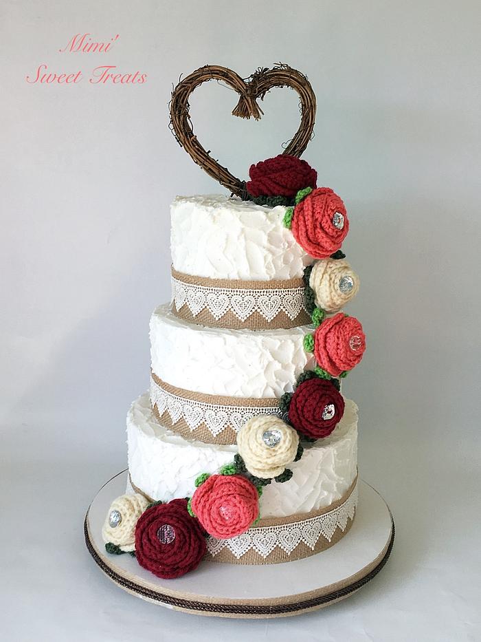 Rustic Wedding Cake with Handmade Crocheted Flowers