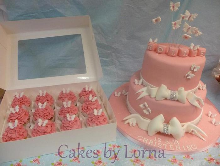 Girls Pink and White Butterfly Christening Cake