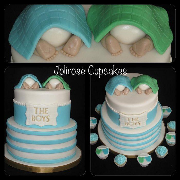 Twin Tushy baby shower cake and matching cupcakes 
