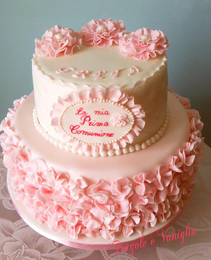 Pink ruffle First Communion Cake