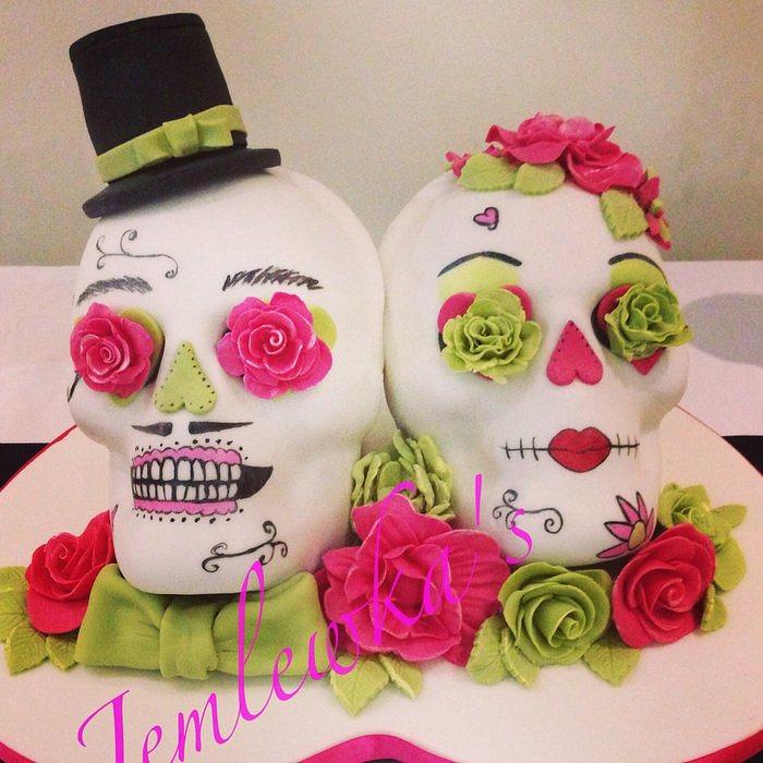 Alternative wedding cake sugar skulls bride and groom