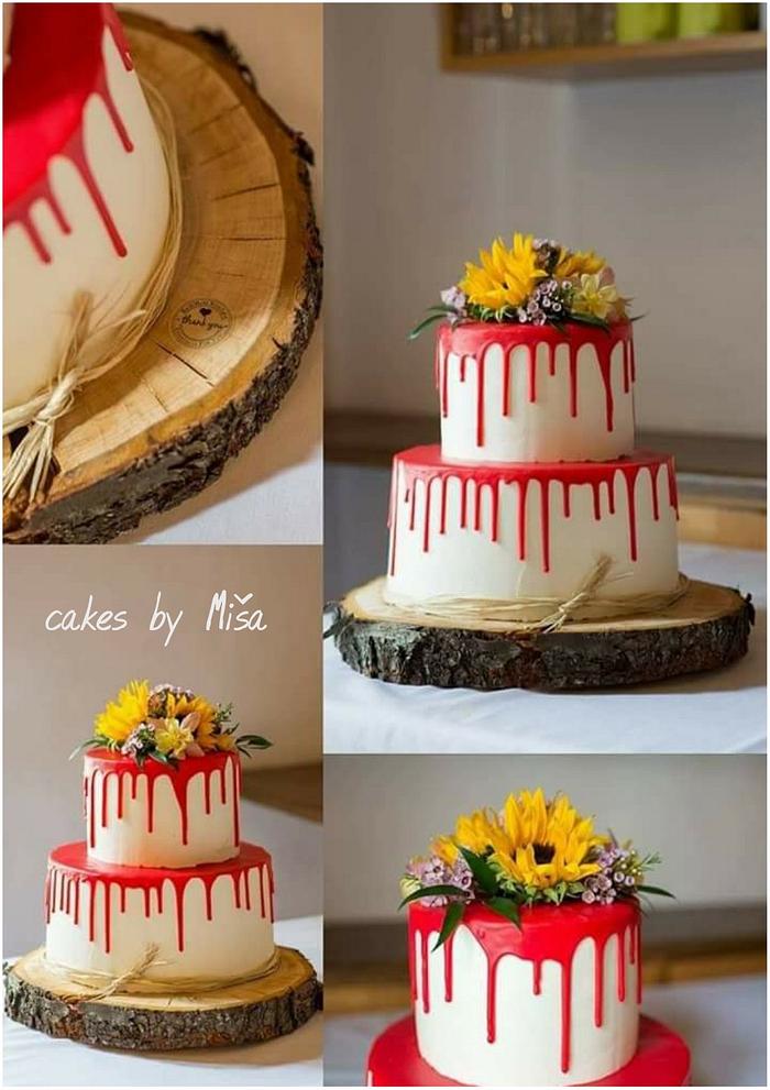 Wedding cake red drip and sunflowers
