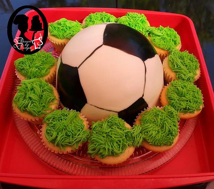 Mini soccer ball cake and cupcakes