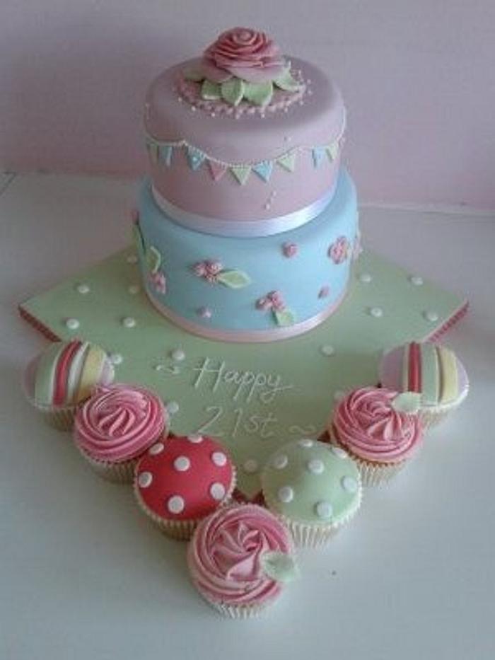 Cath Kidston style cake with matching cupcakes