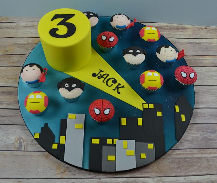 Superhero cake and cupcake board