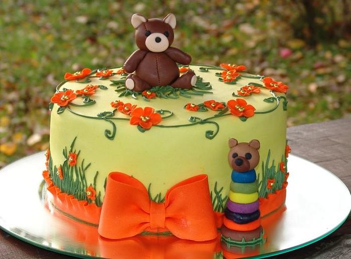 Christening cake with teddy bear
