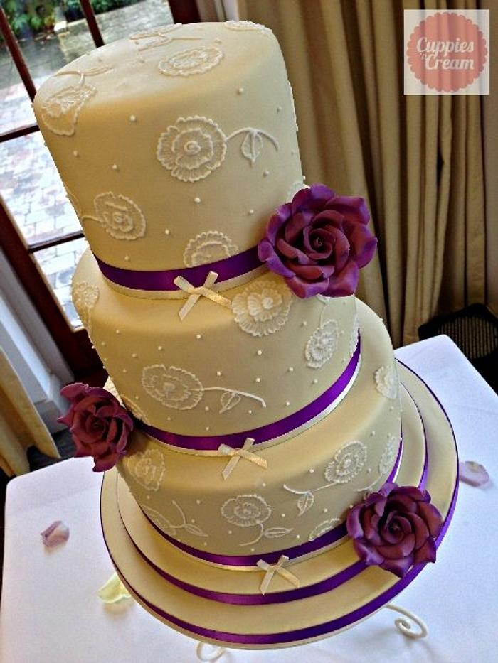Ivory and Purple Brush Embroidery Wedding Cake 