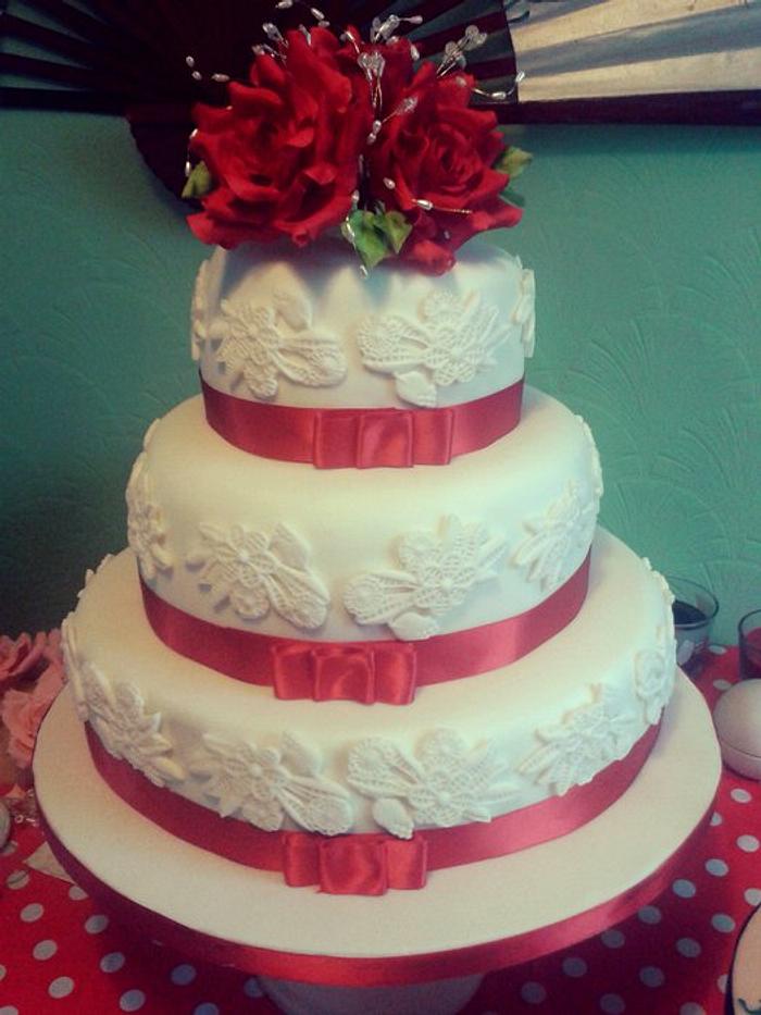 ruby wedding red rose and lace 3 tier cake