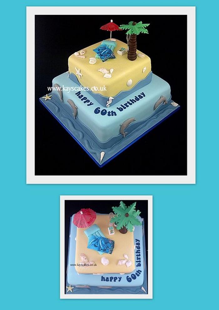 60th Birthday Cake - Beach Themed for Holiday Lover.