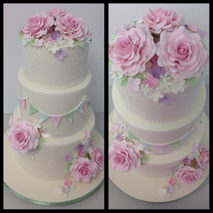 Vintage style rose and lace wedding cake