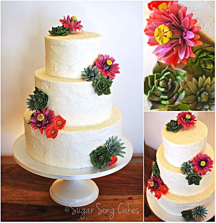 Cactus Flower and Succulent buttercream wedding cake