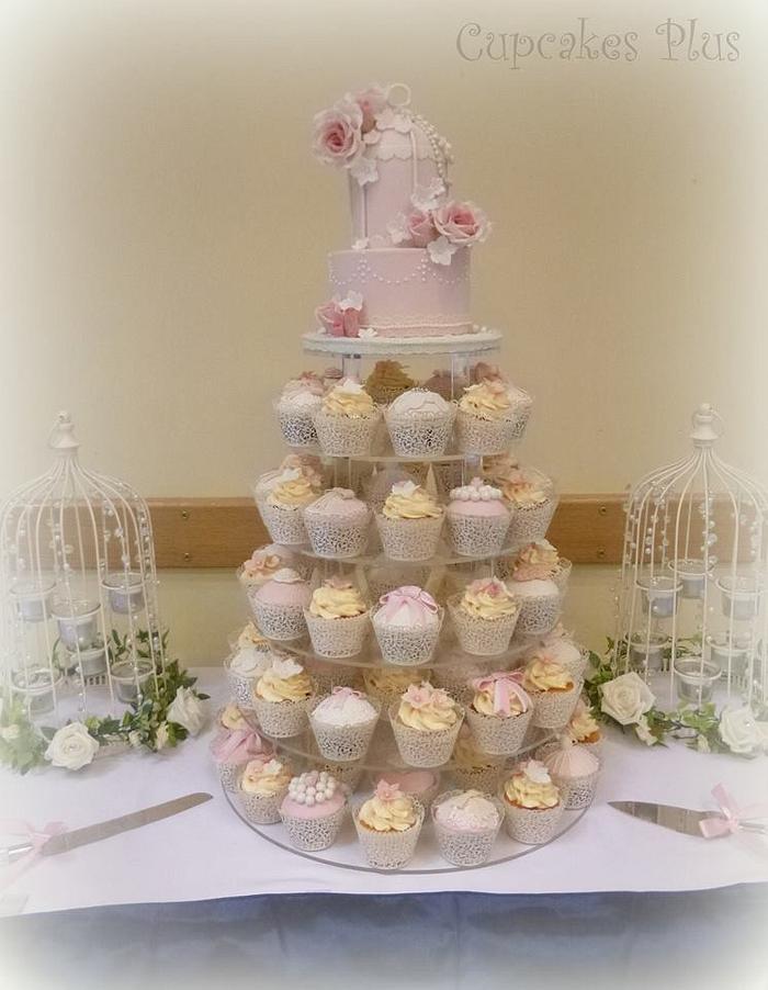 Birdcage cake and cupcake tower