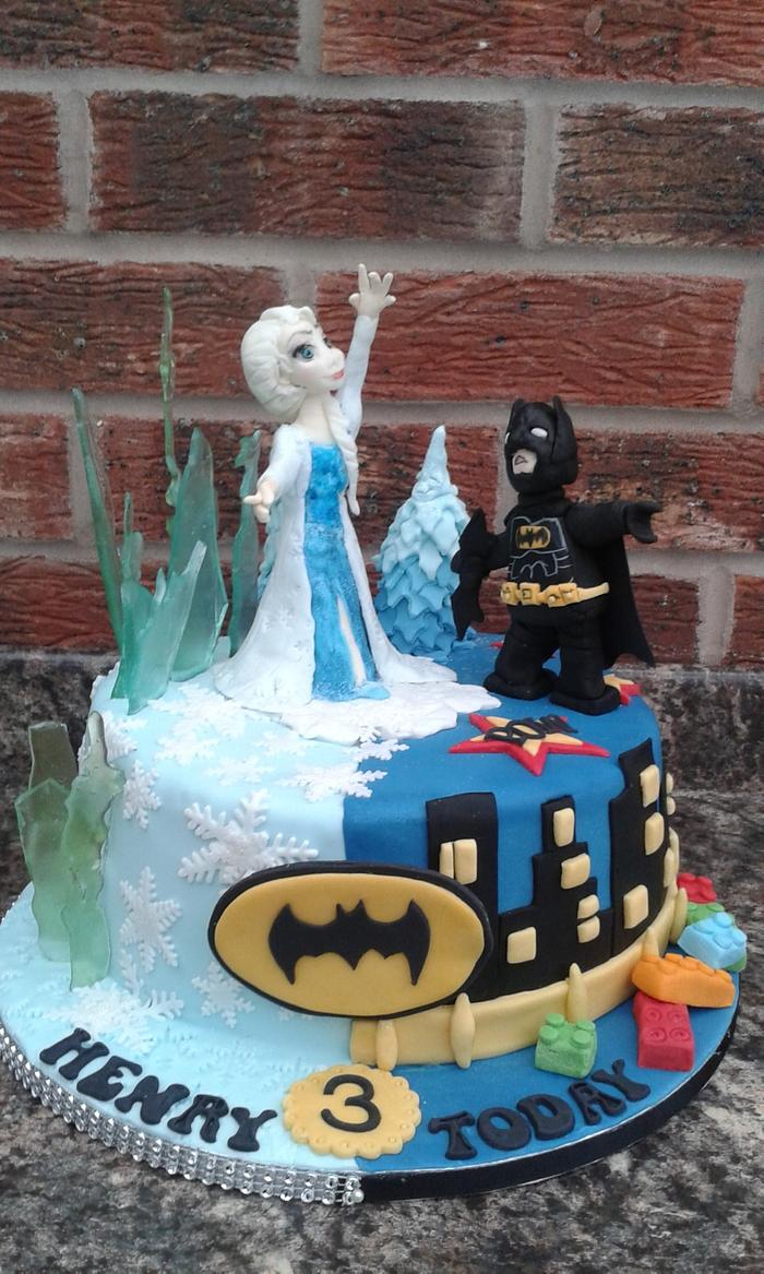 Elsa and Lego Batman cake