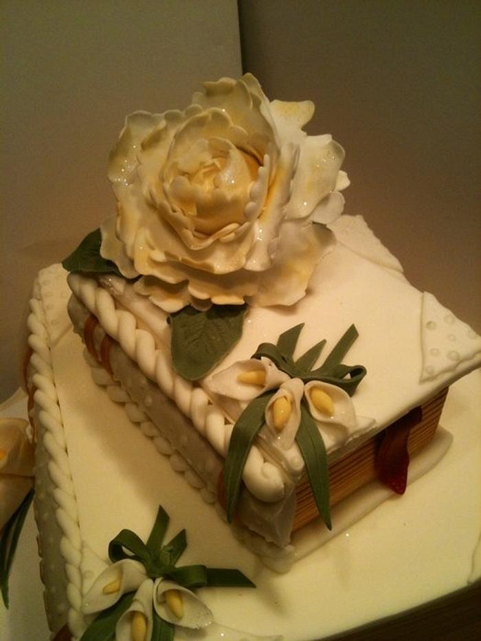 Stacked books Wedding cake, peony, also a Confirmation cake