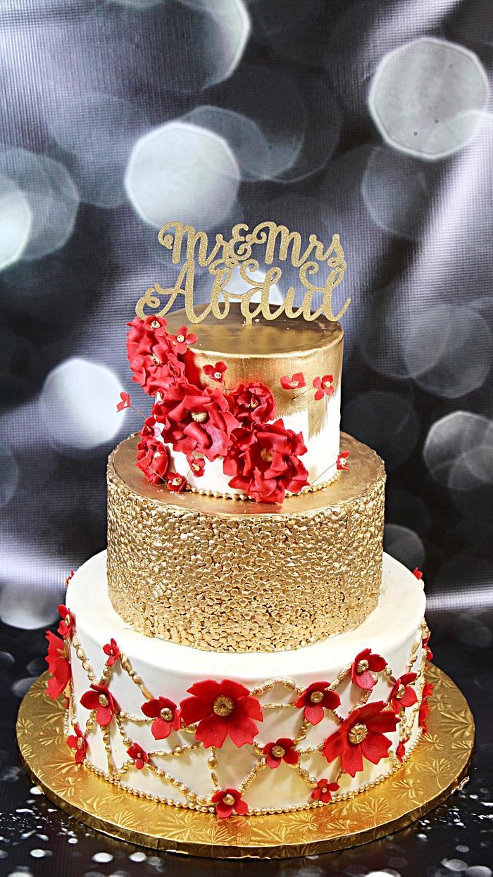 Red and gold wedding cake 
