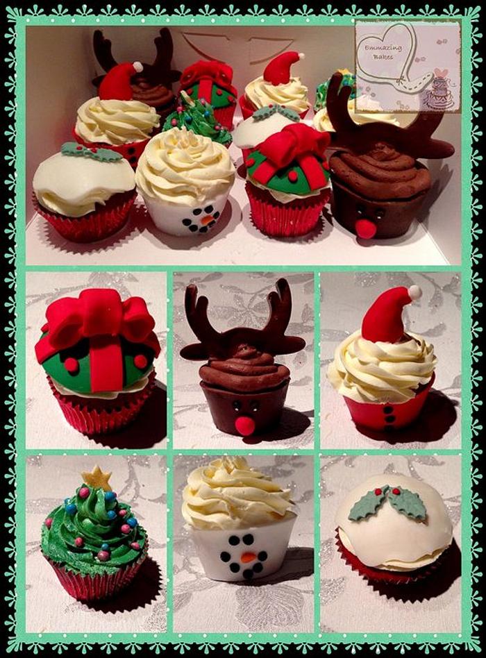 Christmas cupcakes, with edible wrappers. Rudolph, snowman, Santa etc
