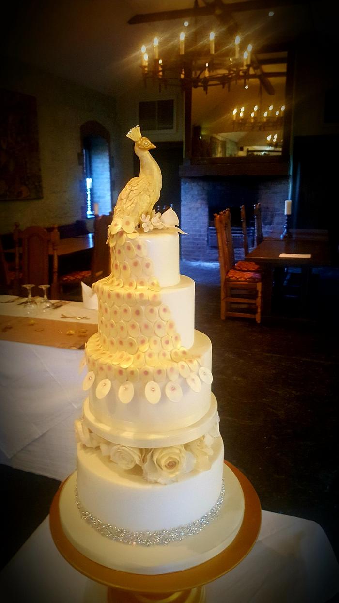 Ivory & Gold Peacock Wedding Cake