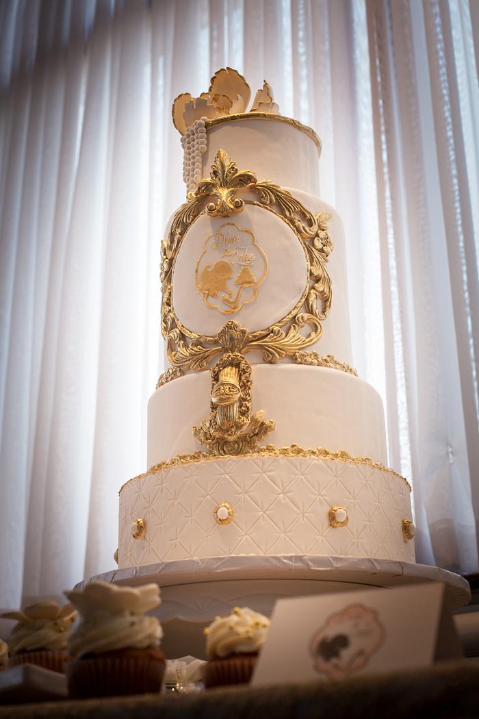 White  & gold wedding cake 