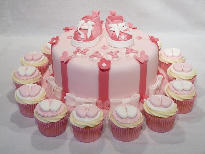 PINK BABY SHOWER CAKE WITH MATCHING CUPCAKES