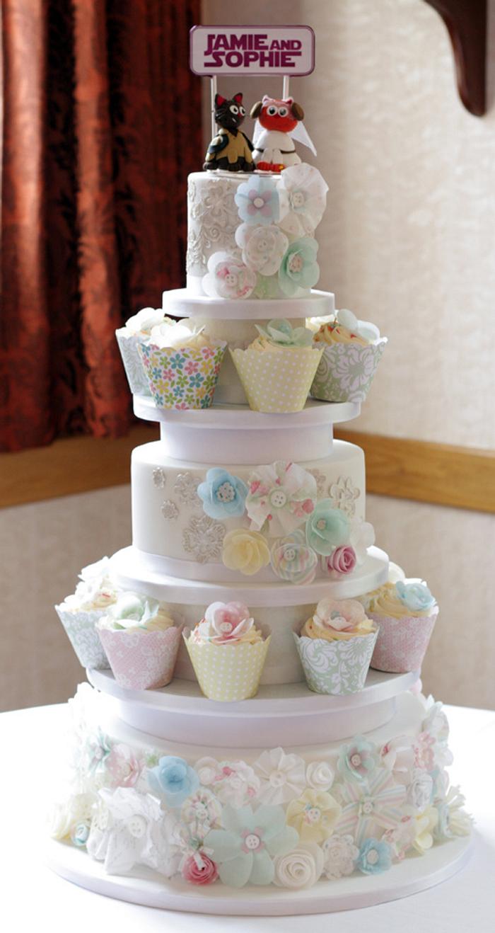 Wafer paper wedding cake and cupcakes