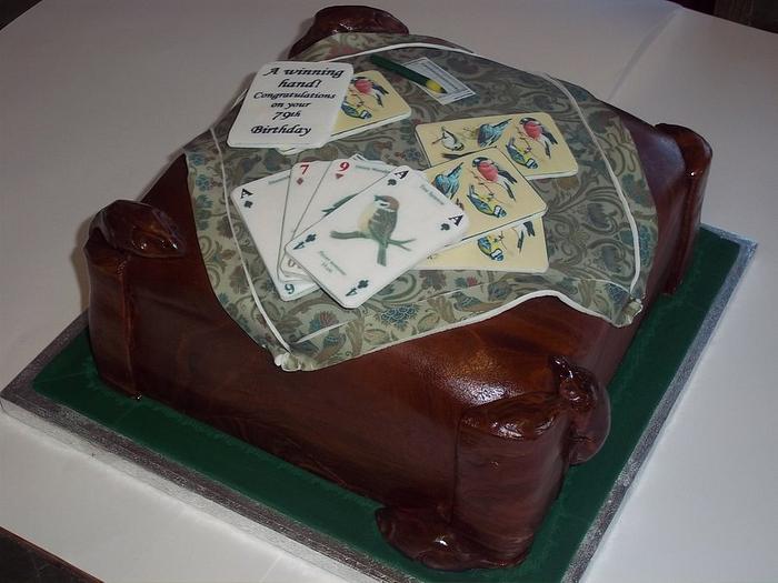 A Winning hand! Birthday cake for elderley whist player-  with Yorkshire Mouseman furniture. 