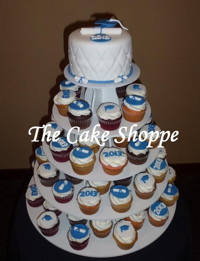 Graduation cake and cupcake tower