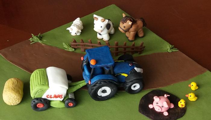Tractor, baler and farm animals cake topper