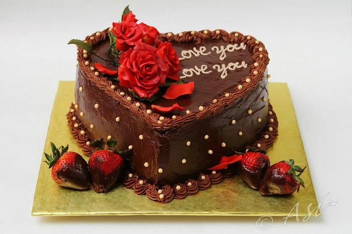 valentine chocolate cake with red roses...