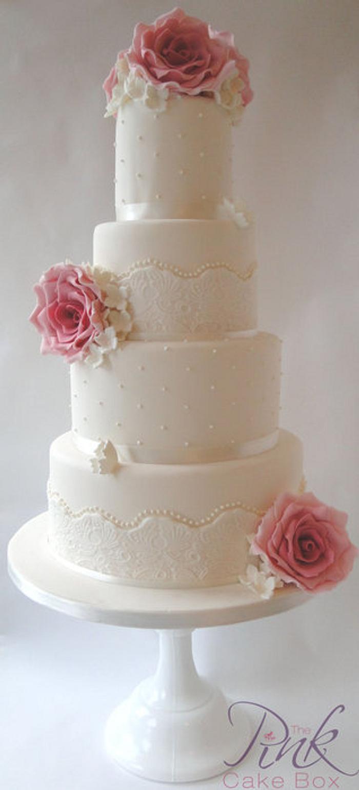 Lace, Pearl and Rose Wedding Cake