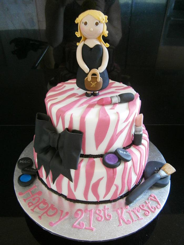 Makeup themed 21st birthday zebra  cake
