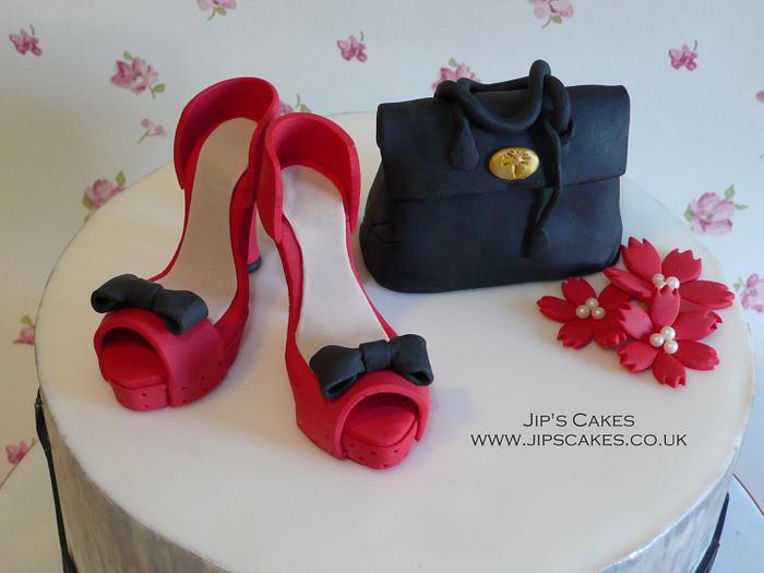 shoes and handbag cake topper