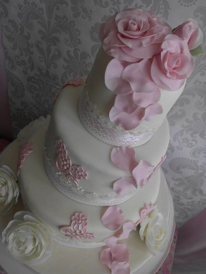 Tumbling rose petals, ivory and and soft pink lace with rosepetals