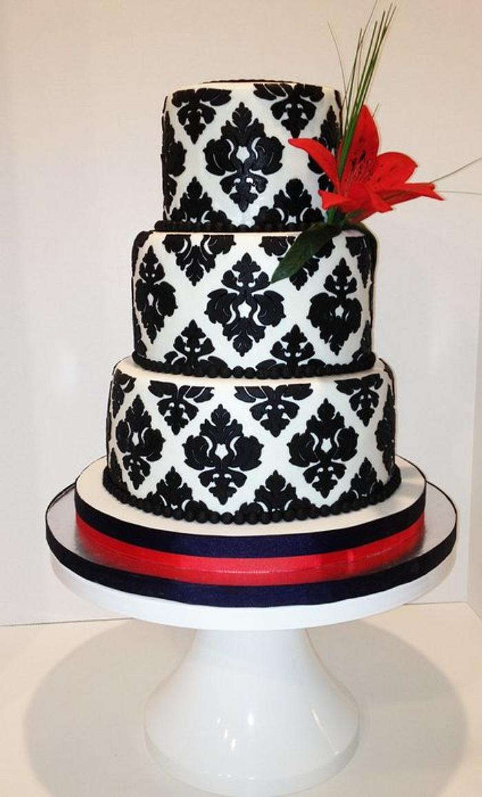Black Damask Wedding Cake with Red Tiger Lily