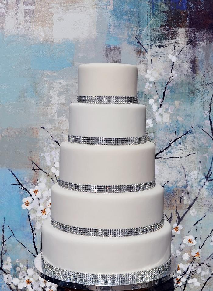 White Bling 5 tier Wedding Cake