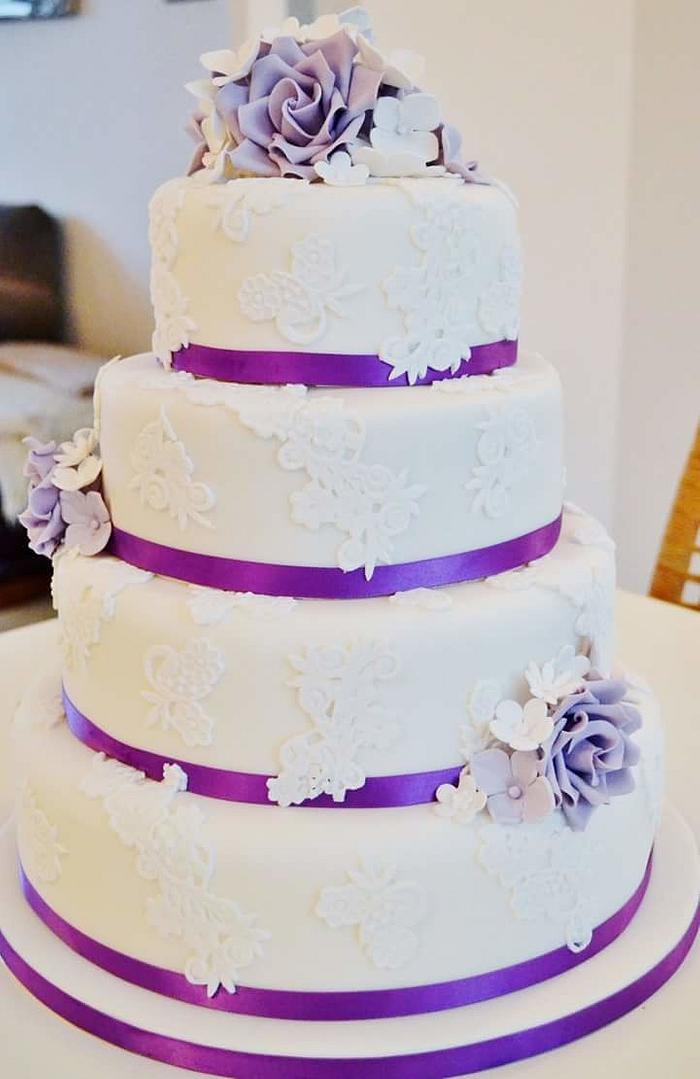 Purple and lace wedding cake