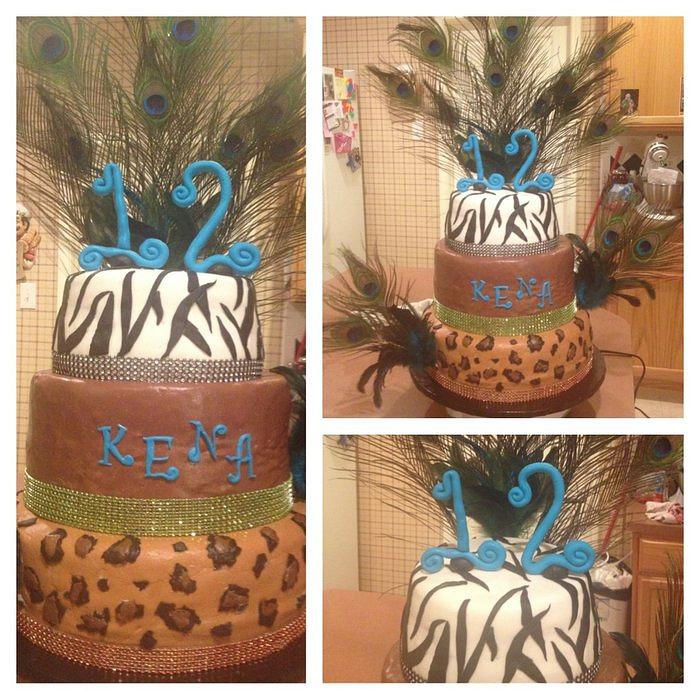 Zebra print, leopard print, peacock tier cake , with cookie cake to match 