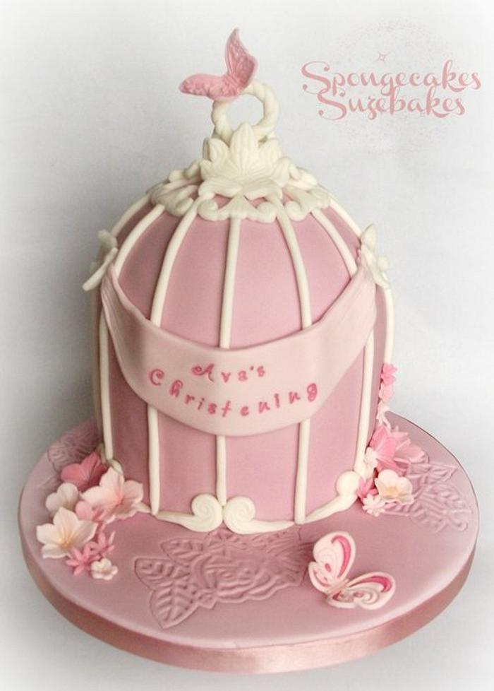 Pretty in Pink Vintage Birdcage Christening Cake