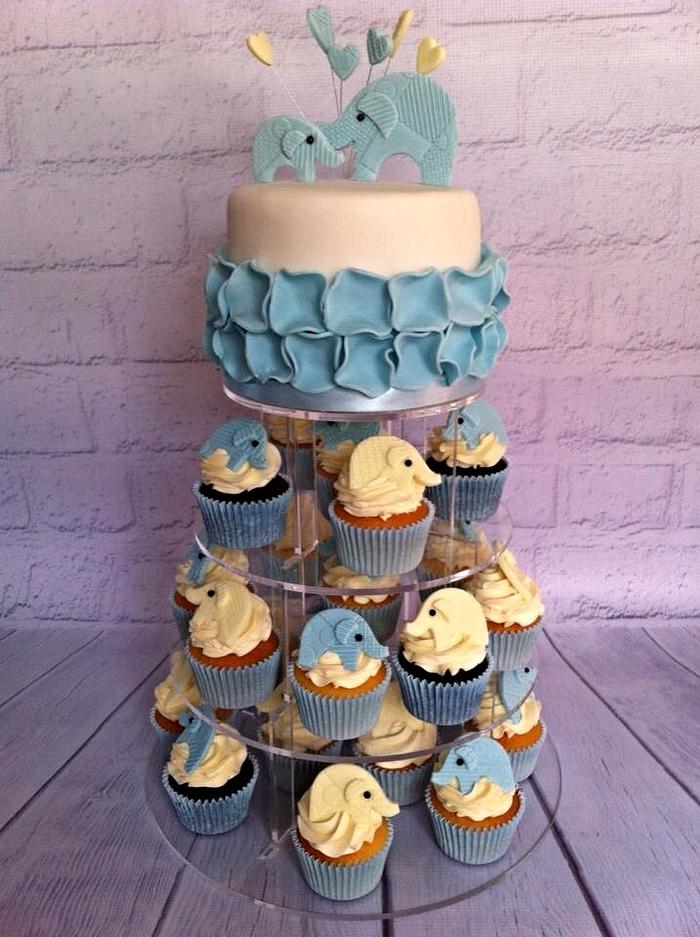 Baby shower cake and cup cakes