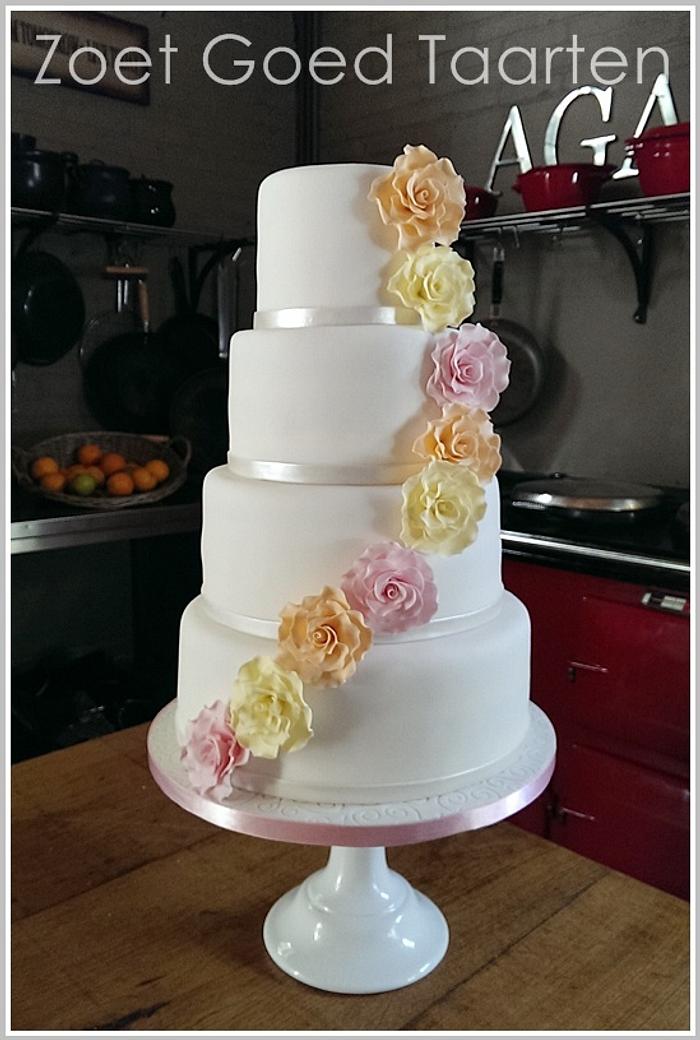 White Wedding Cake with Large Pastel Roses