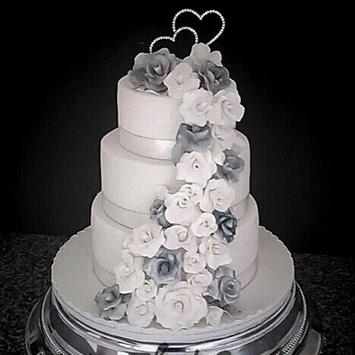 silver and white wedding cake