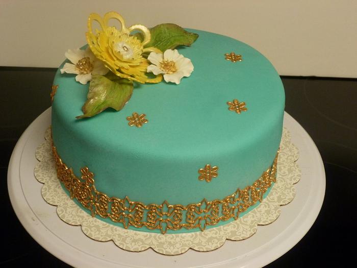 Lace and fantasy flower cake