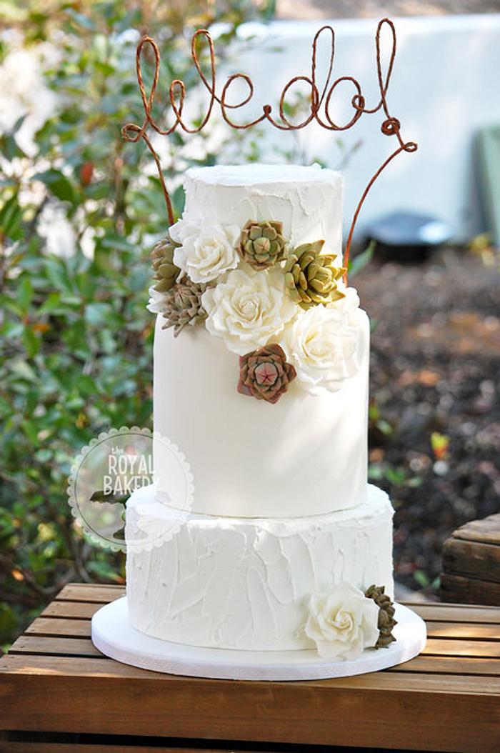 Roses and Succulents Wedding Cake