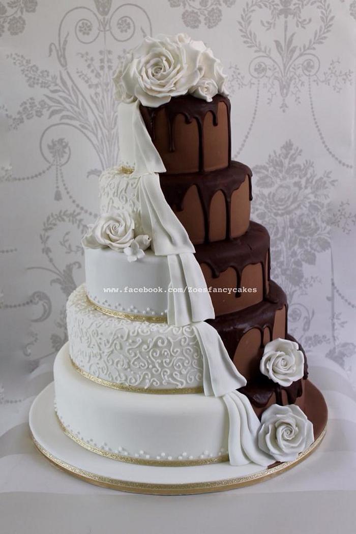 Dripping chocolate wedding cake half and half
