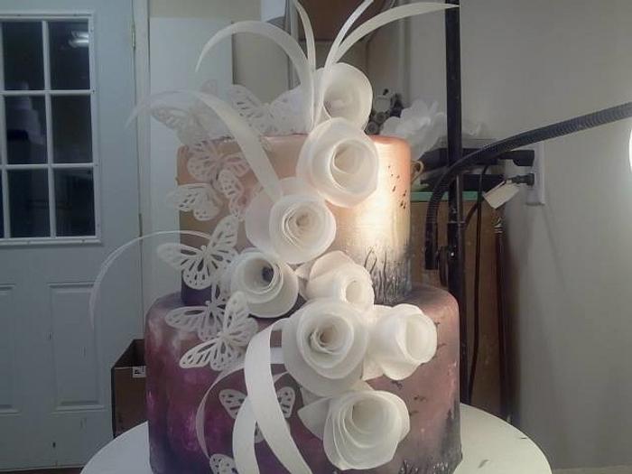 Hand Painted Cake w/Wafer Paper Roses