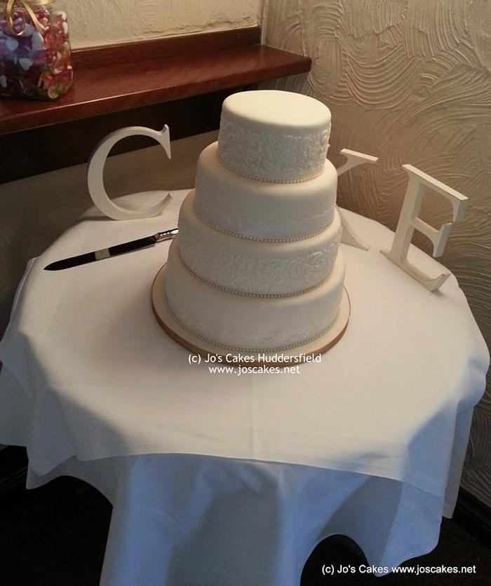 4 Tier Ivory Lace and Gold Wedding Cake